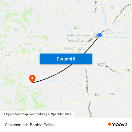 Chivasso to Bobbio Pellice map