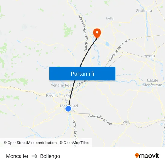 Moncalieri to Bollengo map