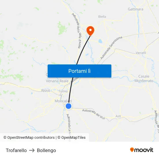 Trofarello to Bollengo map