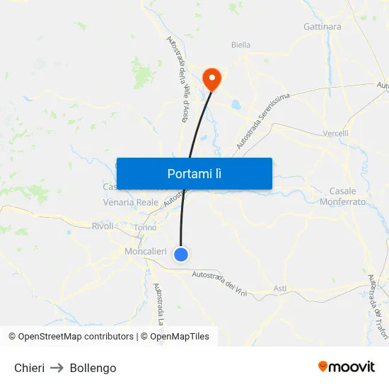 Chieri to Bollengo map