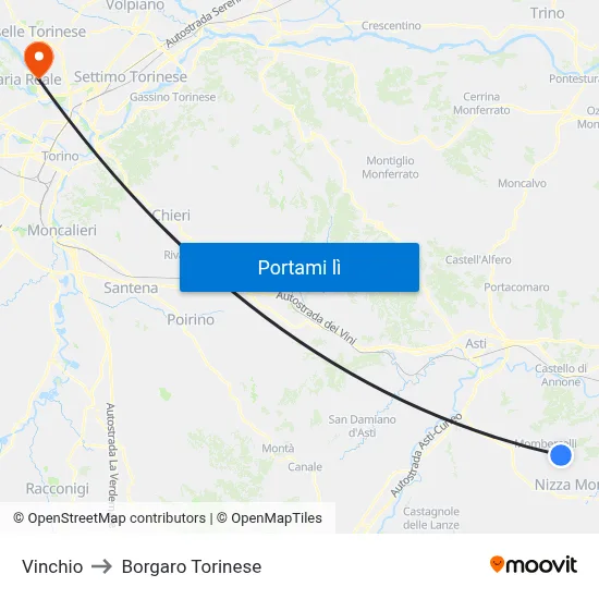 Vinchio to Borgaro Torinese map