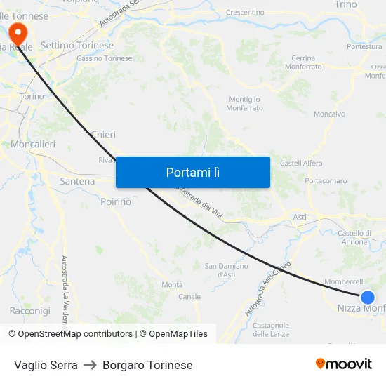 Vaglio Serra to Borgaro Torinese map