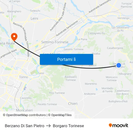Berzano Di San Pietro to Borgaro Torinese map