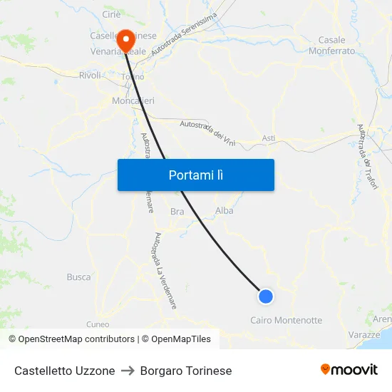 Castelletto Uzzone to Borgaro Torinese map