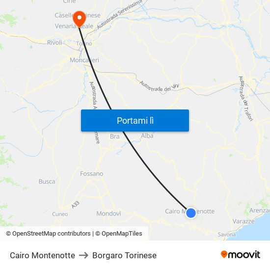 Cairo Montenotte to Borgaro Torinese map