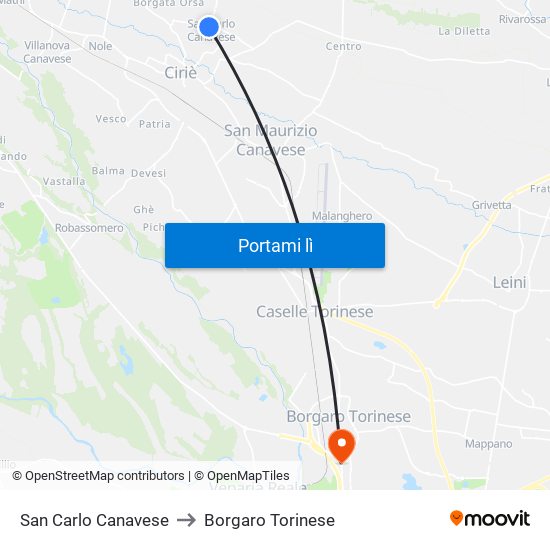 San Carlo Canavese to Borgaro Torinese map