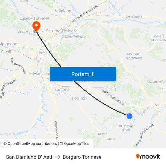 San Damiano D' Asti to Borgaro Torinese map