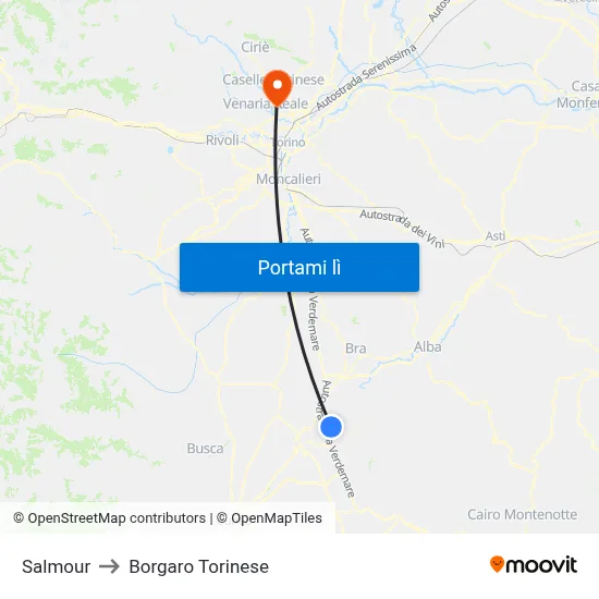 Salmour to Borgaro Torinese map
