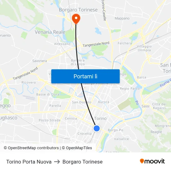 Torino Porta Nuova to Borgaro Torinese map