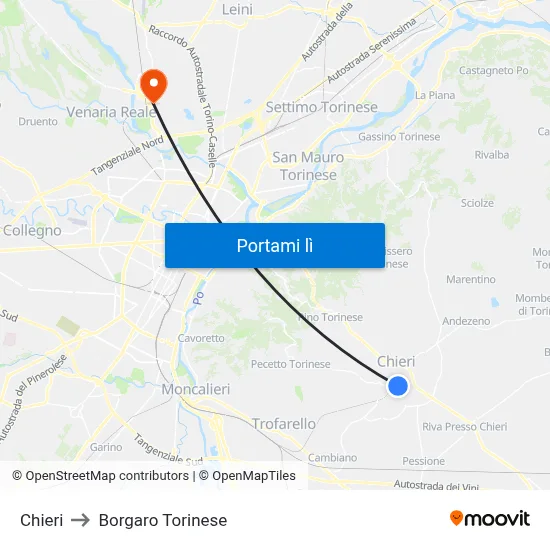 Chieri to Borgaro Torinese map