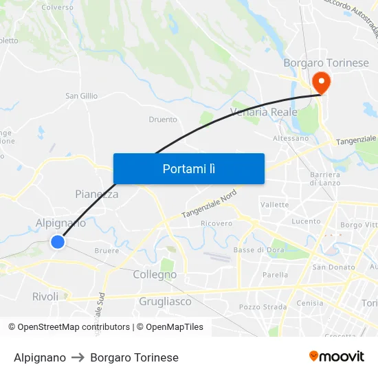 Alpignano to Borgaro Torinese map