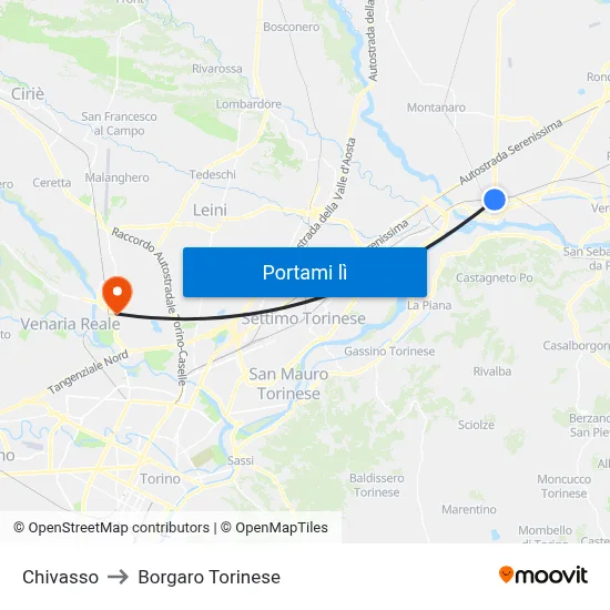Chivasso to Borgaro Torinese map