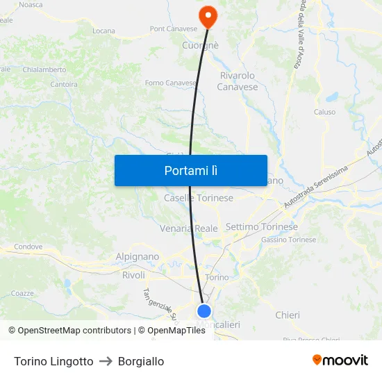 Torino Lingotto to Borgiallo map