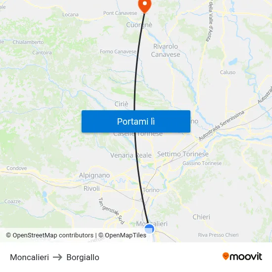 Moncalieri to Borgiallo map