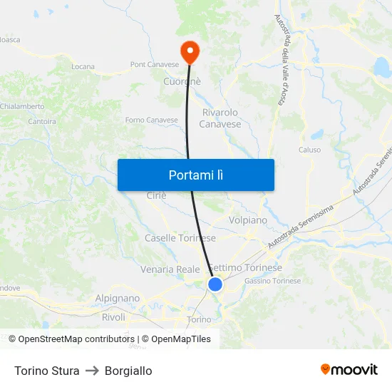 Torino Stura to Borgiallo map