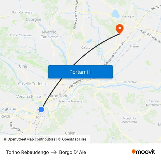Torino Rebaudengo to Borgo D' Ale map