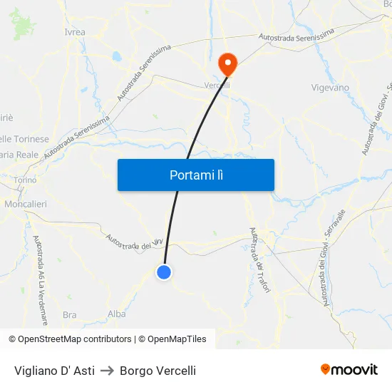 Vigliano D' Asti to Borgo Vercelli map