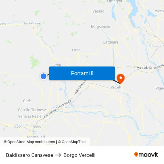 Baldissero Canavese to Borgo Vercelli map