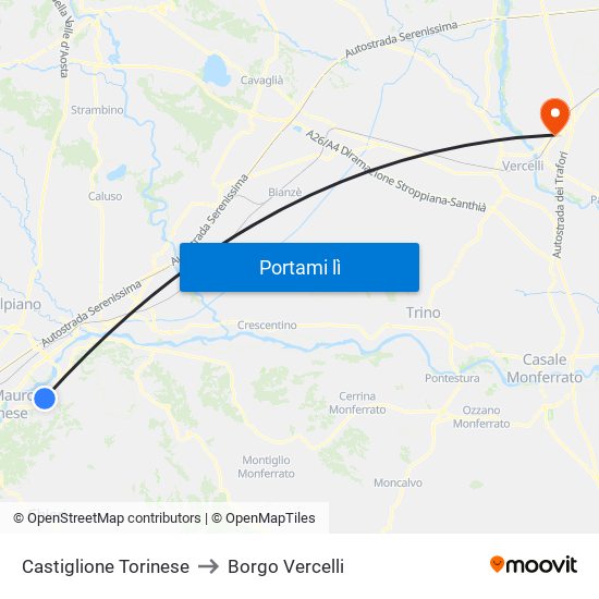 Castiglione Torinese to Borgo Vercelli map