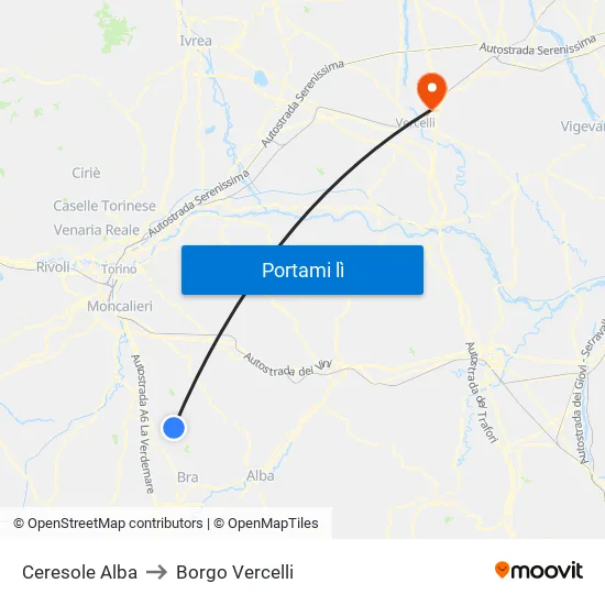 Ceresole Alba to Borgo Vercelli map