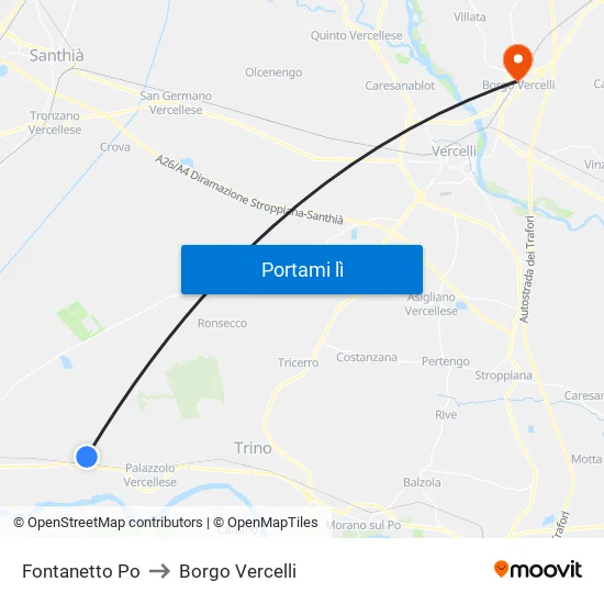Fontanetto Po to Borgo Vercelli map