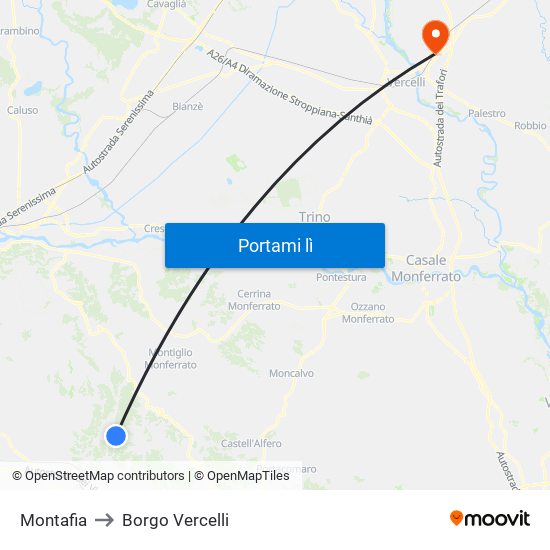 Montafia to Borgo Vercelli map