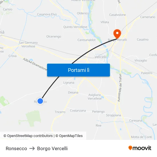 Ronsecco to Borgo Vercelli map