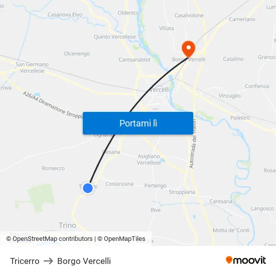 Tricerro to Borgo Vercelli map