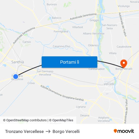 Tronzano Vercellese to Borgo Vercelli map