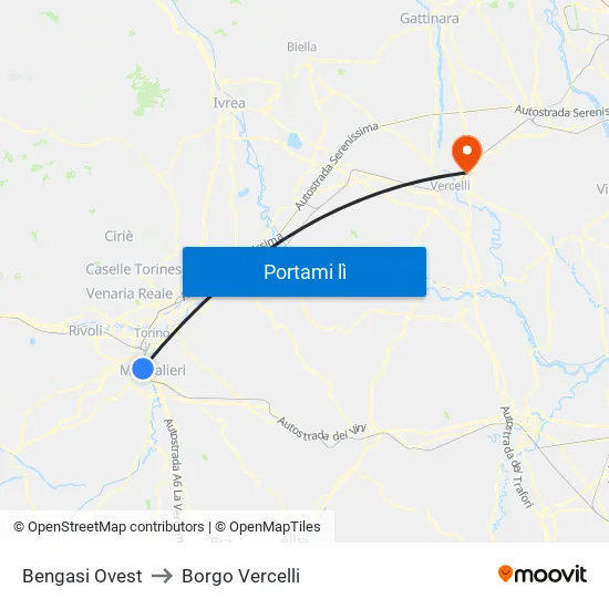 Bengasi to Borgo Vercelli map