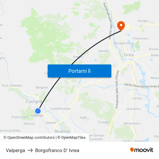 Valperga to Borgofranco D' Ivrea map