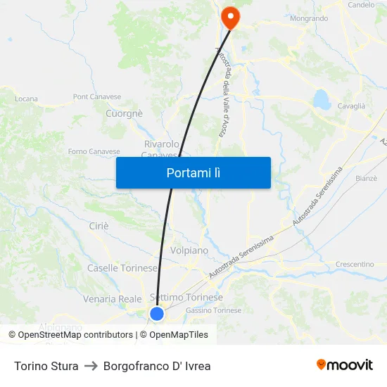 Torino Stura to Borgofranco D' Ivrea map