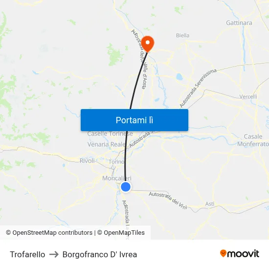 Trofarello to Borgofranco D' Ivrea map