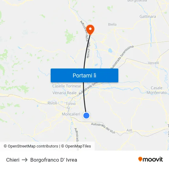Chieri to Borgofranco D' Ivrea map