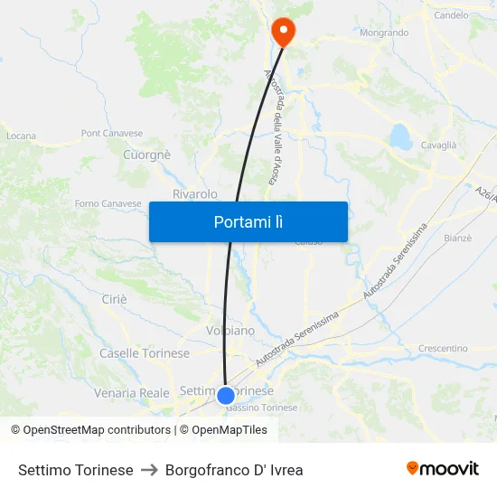 Settimo Torinese to Borgofranco D' Ivrea map
