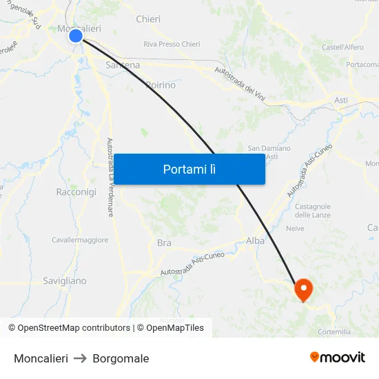 Moncalieri to Borgomale map