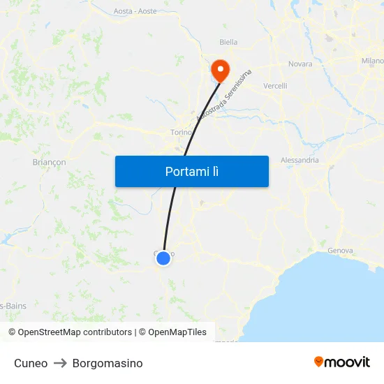 Cuneo to Borgomasino map