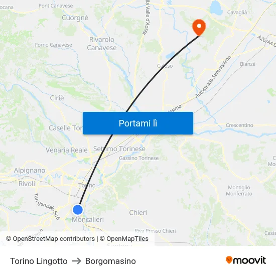 Torino Lingotto to Borgomasino map