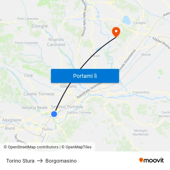 Torino Stura to Borgomasino map