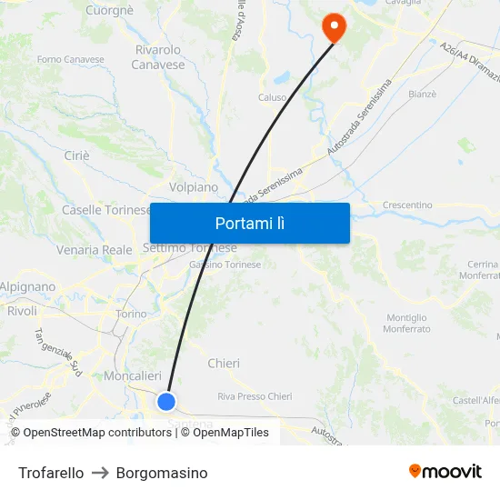 Trofarello to Borgomasino map