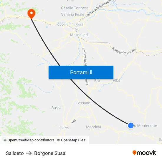 Saliceto to Borgone Susa map