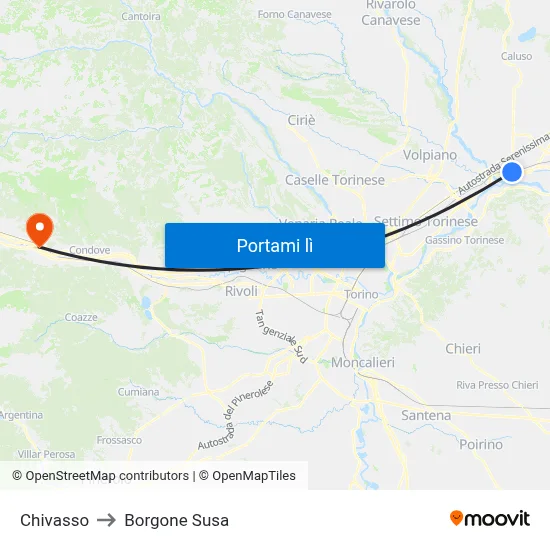 Chivasso to Borgone Susa map