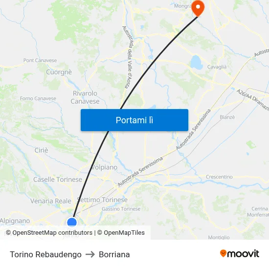 Torino Rebaudengo to Borriana map