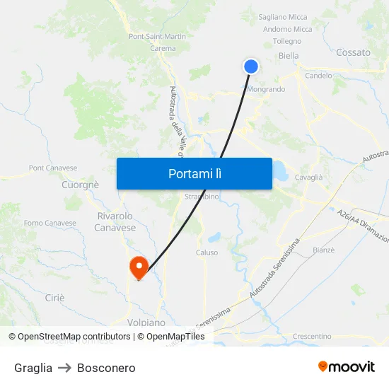 Graglia to Bosconero map