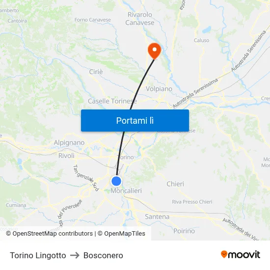 Torino Lingotto to Bosconero map
