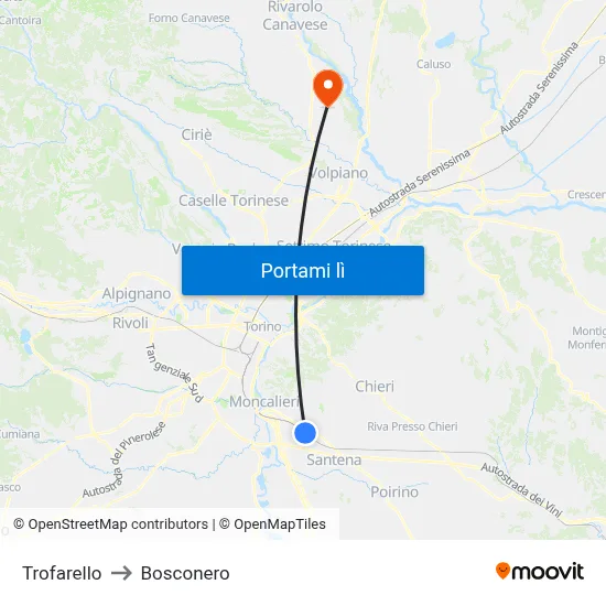 Trofarello to Bosconero map