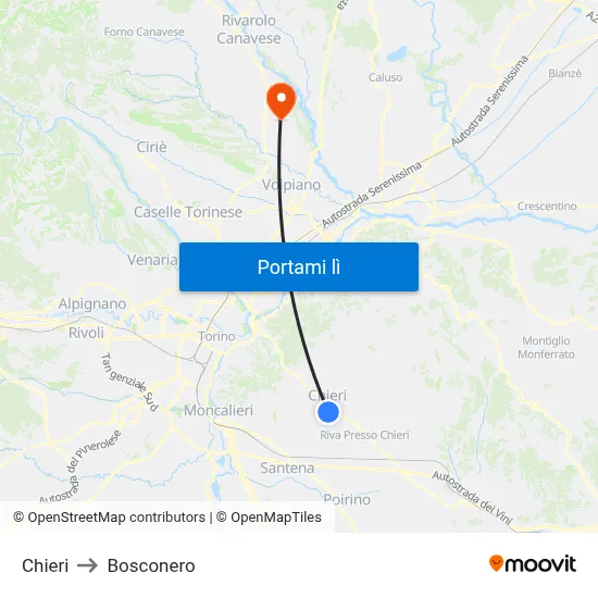 Chieri to Bosconero map