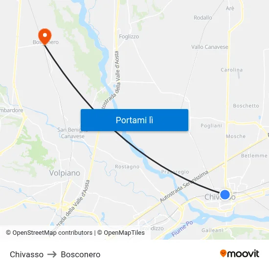 Chivasso to Bosconero map