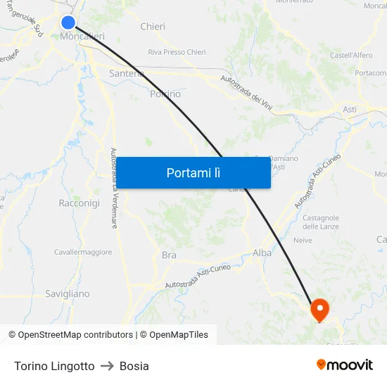 Torino Lingotto to Bosia map