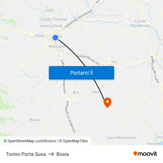 Torino Porta Susa to Bosia map